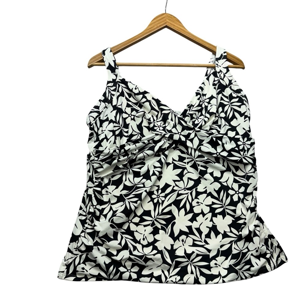 Lands End Womens Tankini Top 16 D Black White Floral Underwire Swim Ruched